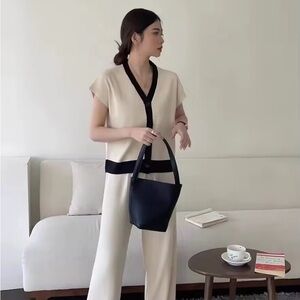 Women Cream and Black Knitted Top Pants Lounge set